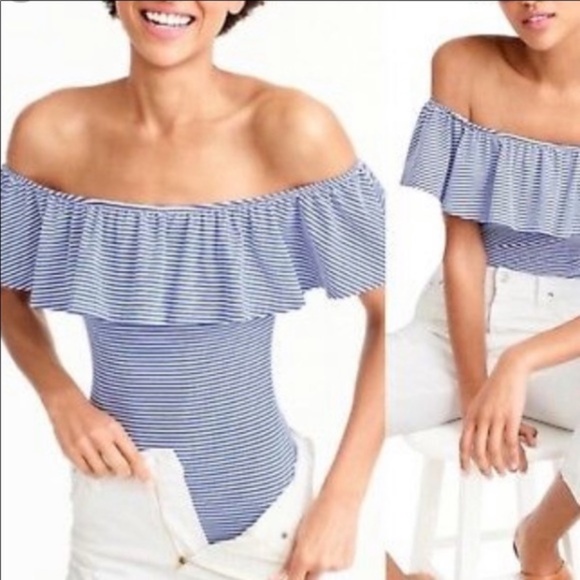 J.Crew Off The Shoulder Striped Ruffle Bodysuit, Sz M, EUC - Picture 1 of 6